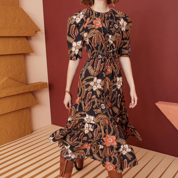 Ulla Johnson 100% Silk Floral Printed Puff Sleeves Fit & Flare Midi Dress - Picture 7 of 7